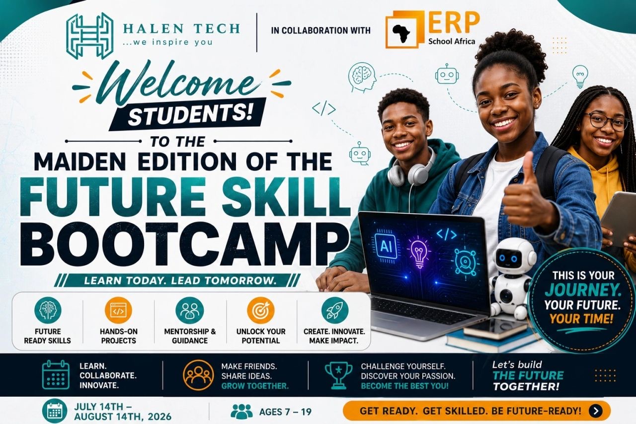 Future Skill Bootcamp flyer: Halentech in collaboration with ERP School Africa, July 14 to August 14 2026, ages 7 to 19
